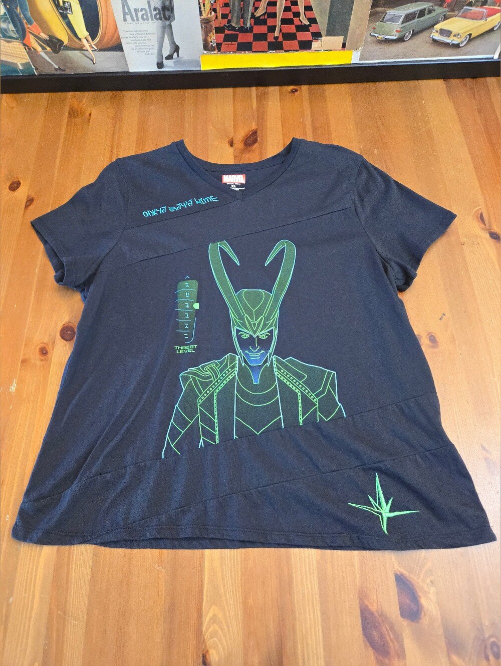 Marvel Black T‑Shirt With Neon Green And Blue Loki Print Size XL